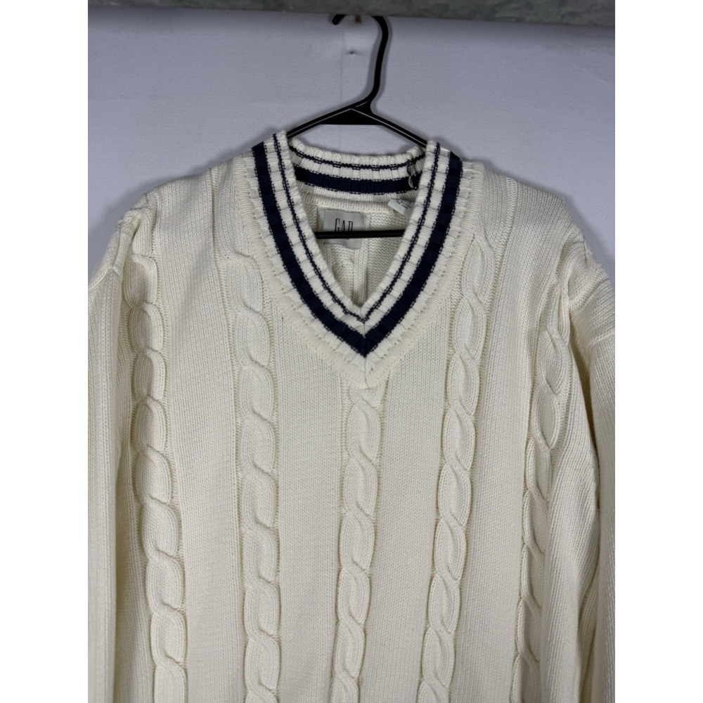 VTG GAP Tennis Sweater Mens Medium White Blue V Neck Cable Chunky Fisherman 90s - Picture 2 of 7